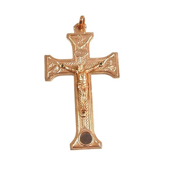 Vintage Catholic Crucifix Pendant Rose Gold Tone INRI Front & Stations of the Cr - Picture 2 of 7